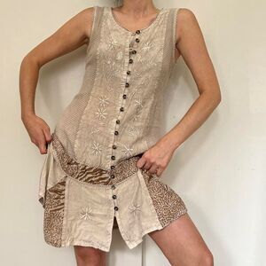 VTG Raya Sun Creme Animal Print Floral Embroidered Mixed Media Mini Dress Sz L